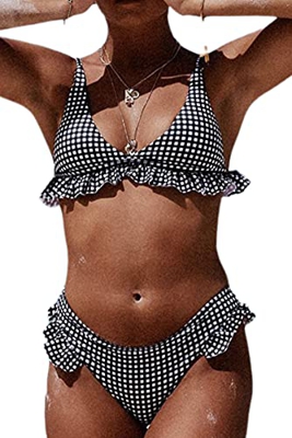 JFAN Triangular Conjunto de Bikini de Impresión a Cuadros con Volantes para Mujer Traje de Baño de Playa Acolchado Halter Volante Acolchado Bra