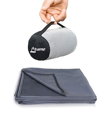 Litume Manta de Viaje Ligera y Transpirable, 170 x 122 cm Suave Manta de avión para viajeros, sábana de Camping Plegable con Saco de Cosas para Tren, 