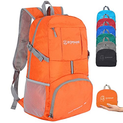 ZOMAKE Mochila Plegable Ligera 35L, Mochilas Compacta con Resistencia al Agua para Hombre Mujer Viajar Senderismo(Naranja)