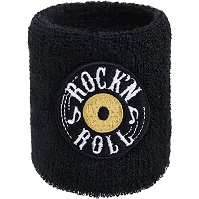 Muñequera bordada Rock'n Roll, para el sudor, Rocker y absorbente, tejido de rizo duro, Rockabilly, color negro, para ir al sudor