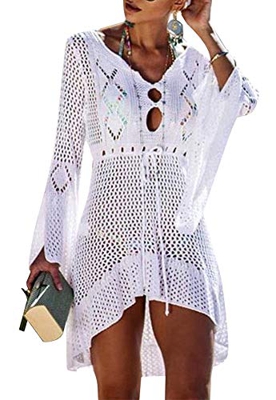 Voqeen Mujer Manga de murciélago Ahuecar Bikini De Punto Cubrir Vestido Playero de Playa