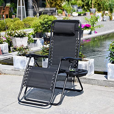 Tumbona Plegable de jardín con Portavasos, Reclinable y Ajustable, Material Transpirable con multiposición para Patio, Dormitorio, Balcón, Terraza etc