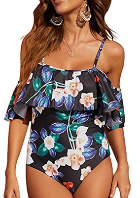 heekpek Traje de Baño Mujer una Pieza Off Shoulder Bikini Volantes High Waist Bikini Impresión de Plantas Tropicales Bañador Mujer Cintura Alta Sexy S