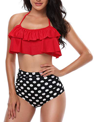 heekpek Conjunto de Bikini Mujer de Cintura Alta Traje de Baño de Dos Piezas Volantes Correas de Espagueti Bañador Plisado Estampado Rayas Ropa de Pla precio