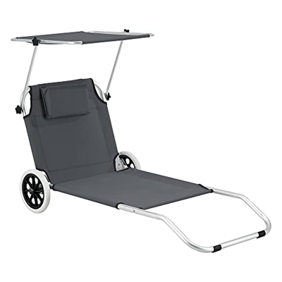 [en.casa] Tumbona con 2 Ruedas Lazkano 150 x 62 cm Silla de Playa con Parasol Respaldo Ajustable para Jardín Terraza Patio Piscina Playa hasta 110 kg 