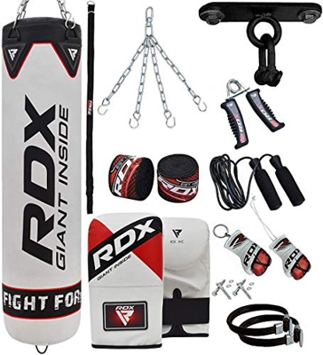 RDX Saco de Boxeo Relleno MMA Muay Thai Kick Boxing Artes Marciales con Soporte Techo Guantes Cadena 13PC 4FT 5FT Punching Bag (Blanco, 5 FT)