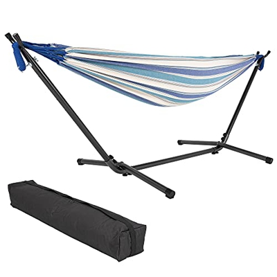 ML Design Hamaca XXL con Soporte de Acero y Material de Poliéster-Algodón hasta 200 kg 275 x 110 x 98 cm Azul-Blanco Silla Suspendida para Exteriores 