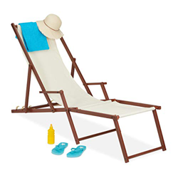 Relaxdays Tumbona de Madera y Tela, 3 Posiciones, Hamaca de Jardín con Reposabrazos y Reposapiés, 120 kg, Beige precio