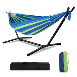 Hamaca con Soporte Metalico para Jardín, Hamaca de Doble Algodón Portátil con Bolsa para Niños Adultos Exterior Interior Camping Viajes Playa Terraza  en oferta