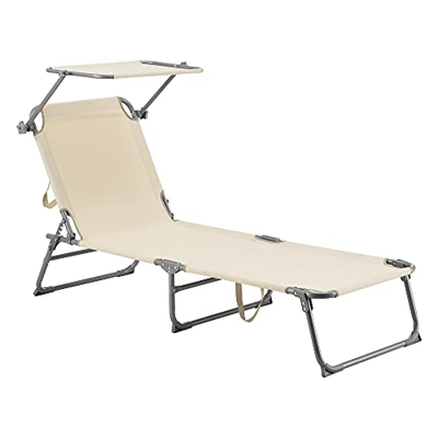 [en.casa] Tumbona Plegable Getaria 189 x 57 x 28 cm con Techo Parasol Toldo Acero hasta 115 kg Hamaca de Playa Asiento para Jardín Silla Reclinable Be