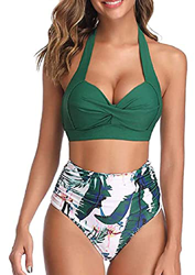 Mujer Conjuntos de Bikini Cintura Alta Conjunto de Bikini de Dos Piezas con Pliegues Halter Push Up Arriba Trajes de baño Retro Ropa de Playa características