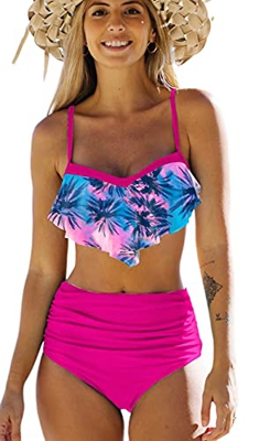Bikinis Mujer Top con Volantes Braga de Color Liso Traje de Baño Cintura Alta Control de Barriga