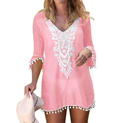 heekpek Pareos Playa Mujer Collar De Flores Vestido De Playa Vestido Mangas Cortas Gasa Beach Pareos Playa Mujer Ropa de Baño Borla Bikini Cover up Ca precio