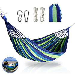 RANJIMA Hamaca para exteriores, portátil, hamaca, camping, 280 x 150 cm, clásica hamaca de viaje de algodón con mosquetón/bolsa de transporte/correas  características