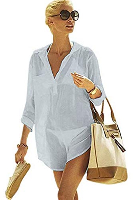 heekpek Mujer Manga Larga Grande Tunicas Playa Profundo Cuello en V Casual Solid Color Camisa para Playa y Piscina Bluson Camisolas y Pareos Playa Ver