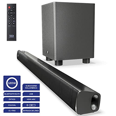 TD Systems SB120G11W - Barra de Sonido de 120W con subwoofer. Entrada Digital óptica, coaxial, HDMI, línea Jack 3.5, Bluetooth 5.0. USB Reproductor y 