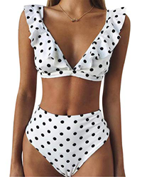 heekpek High Waisted Sexy Bikini Ruffle Cuello en V Conjunto de Bikini Puntos de Ola Traje de Baño Mujer Bañadores de Dos Piezas en oferta