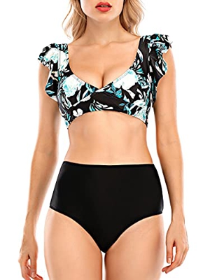 heekpek Bikinis Mujer Sexy Bikini Cintura Alta V Cuello Volantes Floral Estampado Conjunto de Bikini Dos Piezas para Vacaciones