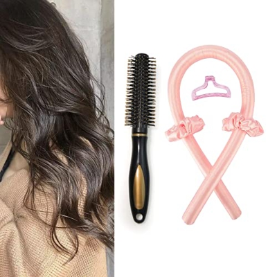 1 diadema de 2,5 cm x 100 cm, color rosa, sin calor, rizador de espuma suave, con 2 bucles de pelo, 1 clip de pelo y 1 peine para rizar, para el kit d