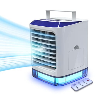 Aire Acondicionado Portatil con Mando a Distancia 4-in-1 Mini Enfriador de Aire, Ventilador, Humidificador, Purificador con 3 Velocidades y 7 Colores 
