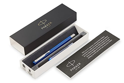 PARKER Vector pluma estilográfica, color azul con adorno cromado, plumín mediano, tinta azul, en estuche de regalo
