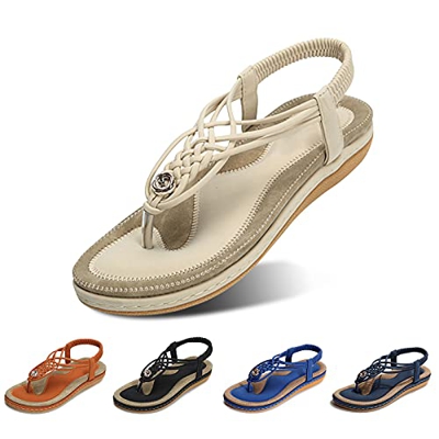 gracosy Sandalias Planas Verano Mujer Estilo Bohemia Zapatos de Dedo Sandalias Talla Grande Cinta Casuales Playa Chanclas Romanas de Mujer 2020 Azul N