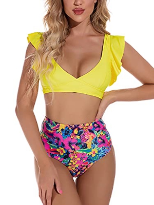 heekpek Bikinis Mujer Sexy Bikini Cintura Alta V Cuello Volantes Floral Estampado Conjunto de Bikini Dos Piezas para Vacaciones