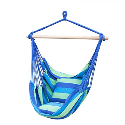SUNNY GUARD Silla Hamaca Colgante Cuerda Columpio MAX 150 KGS Tejido de algodón de Calidad para una Comodidad Superior, Durabilidad Raya Azul y Verde
