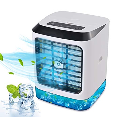 GOLDGE Mini Enfriador de Aire, 3 en 1 Aires Acondicionados Móviles Personal, USB Air Cooler con 3 Velocidades y 7 Colores Luz, Portatil Aires Acondici