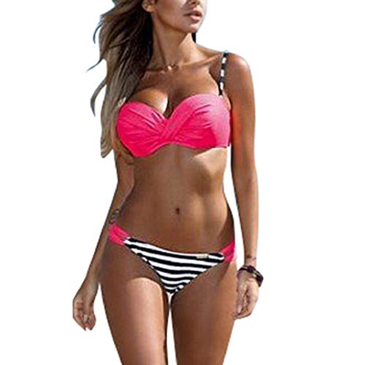 Traje De Baño Bikini-Mujer Push-up Acolchado Bra Bikini Verano Trajes de baño Rayas Tops y Braguitas (M, Rosoda)