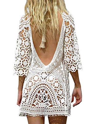 heekpek Mujer Pareos Playa Traje de Baño Vestido de la Playa Bikini Cover up Camisola de Playa Larga Mangas V-Cuello Hueco Borlas Vestido de Kaftan Cr