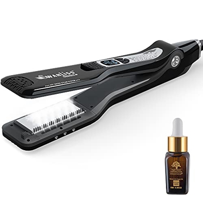 Swanliss Plancha de vapor con 100 ml de aceite de argán, plancha de pelo con función de vapor y placa de calor extraancha, 5 temperaturas ajustables d