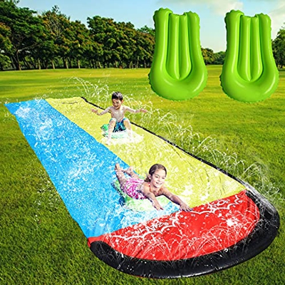 Faffooz Tobogán de Agua, Tobogán Acuático de 4,8 m, Tobogán para Juegos de Agua, Tobogán Acuático Doble de Jardín con 2 Cojines Hinchables Apto para A
