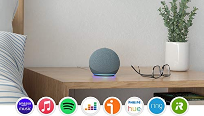 Echo Dot (4.ª generación), Azul grisáceo + Philips Hue White Pack de 2 bombillas LED inteligentes, compatible con Bluetooth y Zigbee, no se requiere c