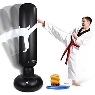 LURNOFY Saco de Boxeo Inflable para Niños, 160cm Saco de Boxeo de Pie, con Bomba de Aire Incluida, para Practicar Karate, Taekwondo, Artes Marciales (