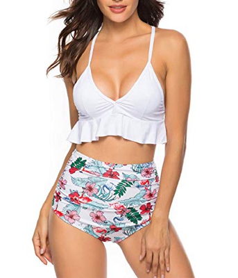heekpek Bikinis Mujer Braga Alta Conjuntos de Bikinis Volantes Estampados Sexy Traje de baño de Dos Piezas Cuello en V Tiro Alto Swimsuit Mujer Swimwe