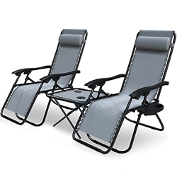 VOUNOT Set de 2 Tumbona Jardín Exterior Plegable con Mesa Auxiliar Portavasos, Silla Reclinable con Reposacabeza Extraíble, Carga Máxima 120KG, Gris en oferta