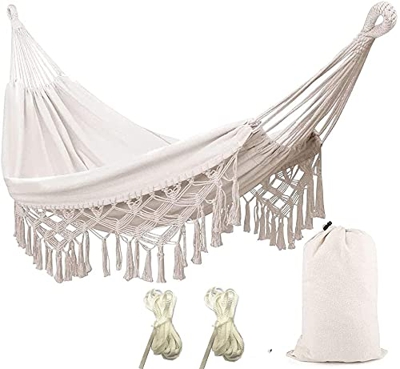 Hamaca al Aire Libre Hamacas de jardín Cama de Hamaca de algodón Hamacas con Flecos de macramé Hamaca Balcón Boho Hamacas Hamaca Doble 2 Personas 200K