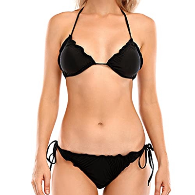 Voqeen Mujer Sexy Halter Conjunto De Bikini De Dos Piezas Trajes De Baño Top De Triángulo De Cuello En V De Volantes Y Fondo De Cuerda Ropa De Playa D