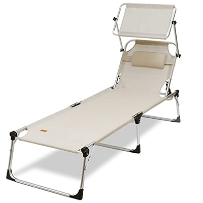Sekey Textileno Plegable Tumbona con Techo de Sillas de Jardín, Aluminio, 220 x 71 x 37 cm, Capacidad de Carga: 150 kg, Beige