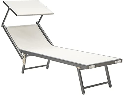 Baroni Home Tumbona con estructura de aluminio y techo parasol. Cómoda y resistente tumbona de jardín, playa, piscina revestida de textileno blanco, 6