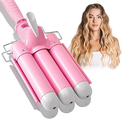 Rizador de 3 barriles de 32 mm, rizador de pelo con pantalla LCD, temperatura ajustable, turmalina cerámica para pelo largo y corto, color rosa características