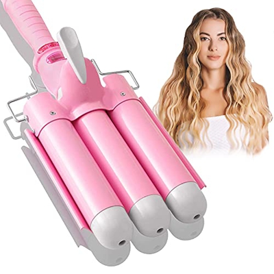 Rizador de 3 barriles de 32 mm, rizador de pelo con pantalla LCD, temperatura ajustable, turmalina cerámica para pelo largo y corto, color rosa