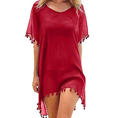 heekpek Ropa de Baño Playa Mujer de Gasa Moda con Borla Trajes de Baño Cubrir Bikini Cover Up Color Sólido Kaftan Vestidos Pareos Playa