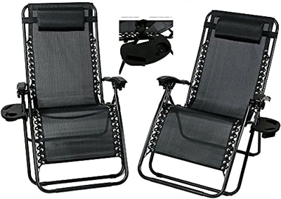 Juego de 2 tumbonas plegables y reclinables para exteriores con gravedad cero negro + 2 soportes para tazas/teléfono