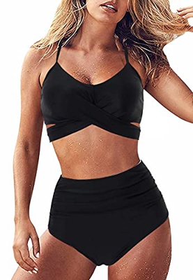 JFAN Bikini para Mujer Push Up Brasileños Bañador de Fruncido Traje de Baño de Cintura Alta Atar en la Espalda