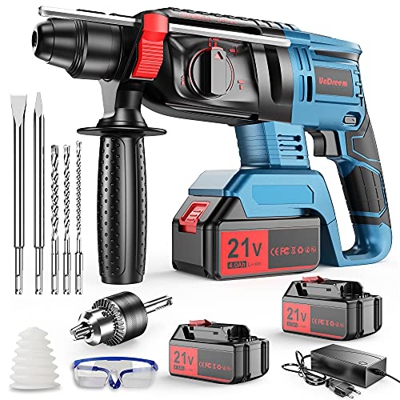 Martillo Perforador a batería, undreem Martillo perforador 21V con 2 baterías de 4000mAh, 4 funciones en 1, adaptador SDS Plus (con portabrocas, para 