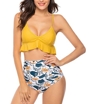 heekpek Bikinis Mujer Braga Alta Conjuntos de Bikinis Volantes Estampados Sexy Traje de baño de Dos Piezas Cuello en V Tiro Alto Swimsuit Mujer Swimwe