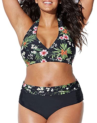 Joligiao Bikinis Mujer Conjunto de Bañador Tallas Grandes Acolchado de Cintura Alta Traje de Baño de Dos Piezas Estampado Playa Verano Tankini