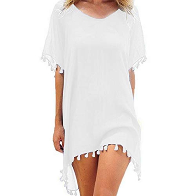 heekpek Ropa de Baño Playa Mujer de Gasa Moda con Borla Trajes de Baño Cubrir Bikini Cover Up Color Sólido Kaftan Vestidos Pareos Playa